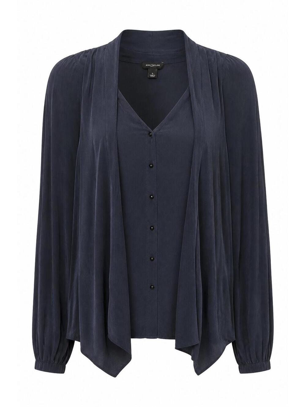 Ann Taylor Women's Navy Blue Silk Button Up Blouse Sz L Overlay Office Classic